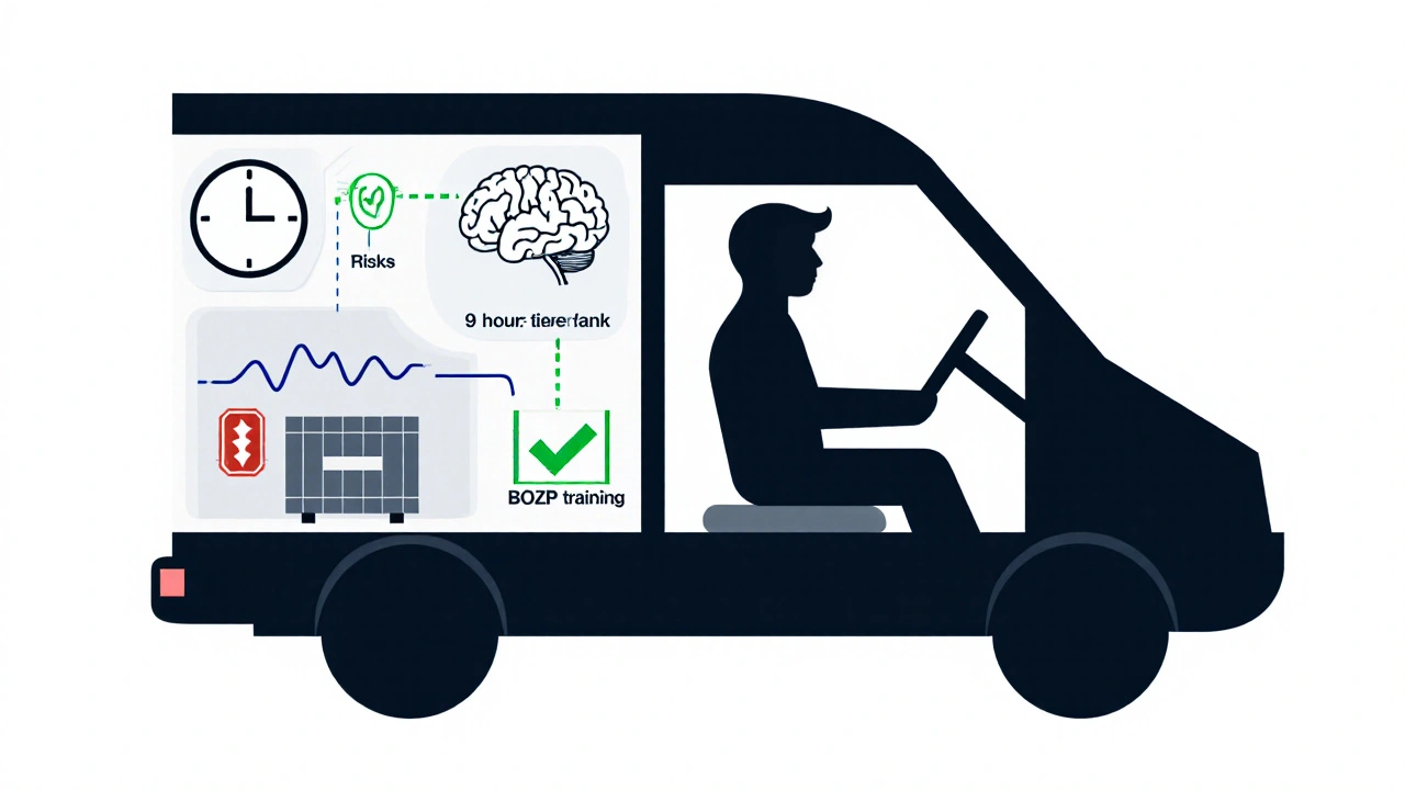 Konceptuální obrázek ukazující rizika při řízení a jak školení BOZP tyto rizika odstraňuje.