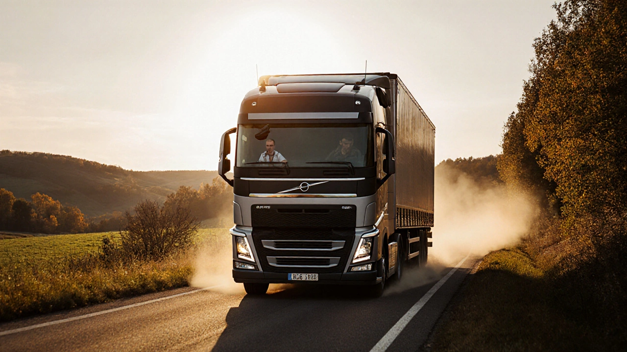 Profesionální řidič cvičí řízení nákladního auta na venkovské silnici.