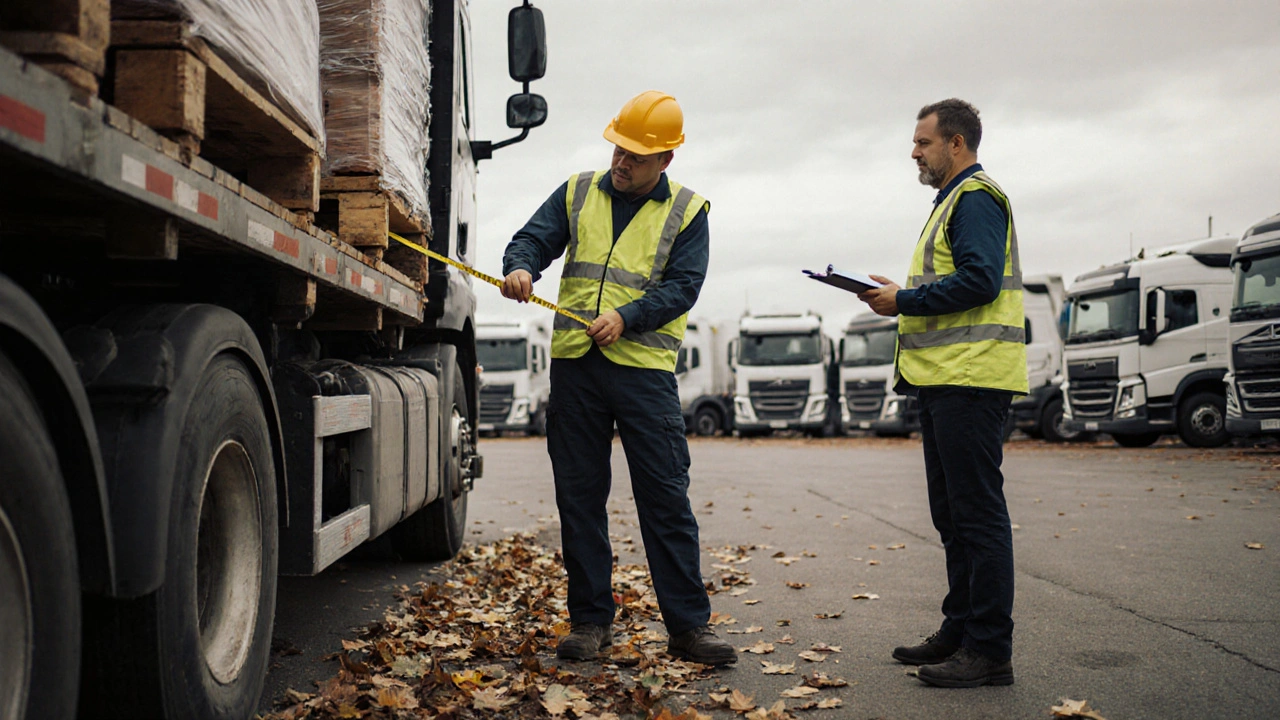 Řidič kontroly nákladu na tréninkovém parkovišti pod dohledem certifikovaného lektora.