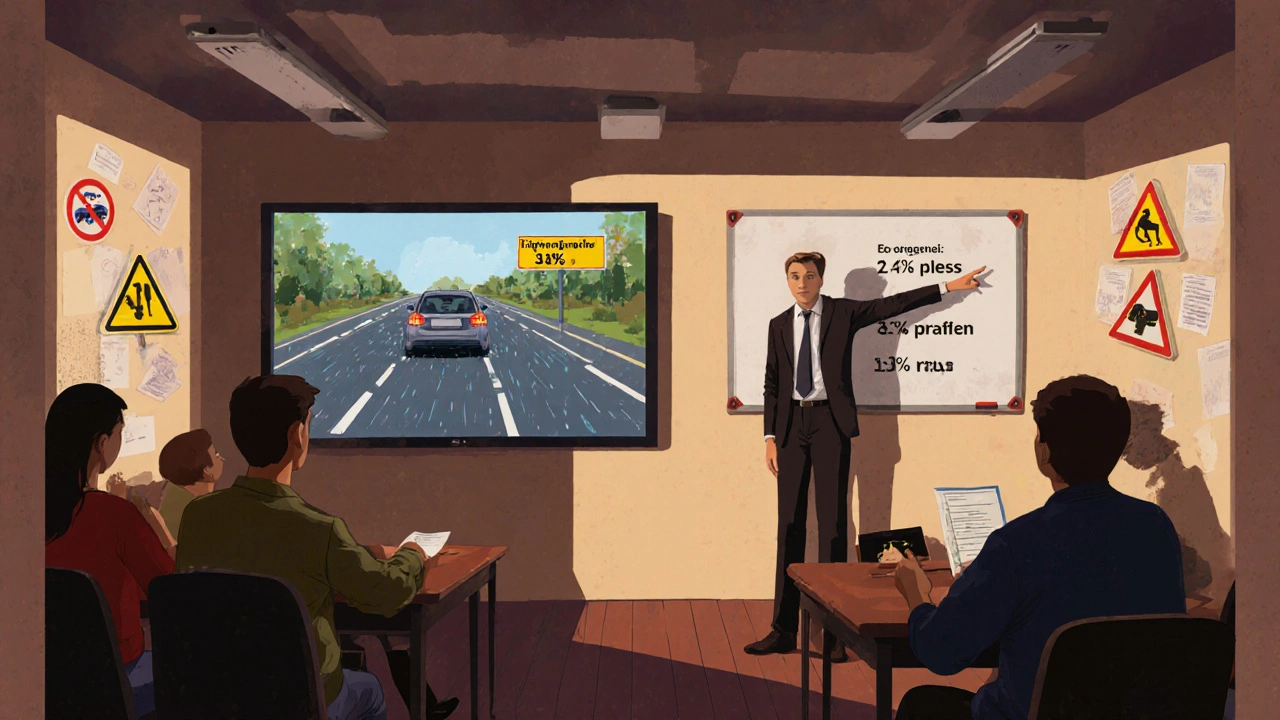 Skupina řidičů na školení sleduje simulaci nebezpečné jízdy v dešti.