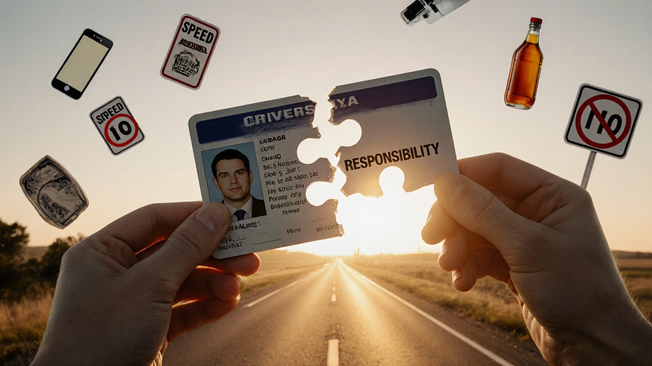 Zlomený řidičský průkaz je opravován puzzle kouskem označeným &#039;Odpovědnost&#039;.